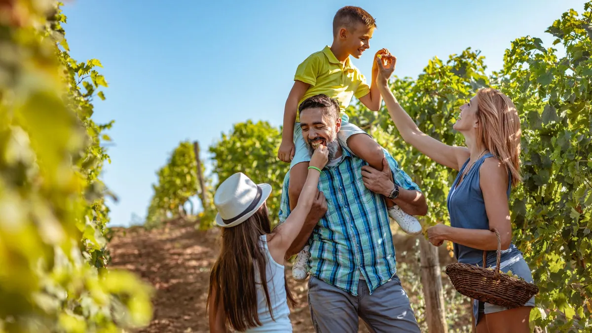 Unos padres levantan en brazos a su hijo entre viñas, una imagen sobre el precio del seguro de decesos
